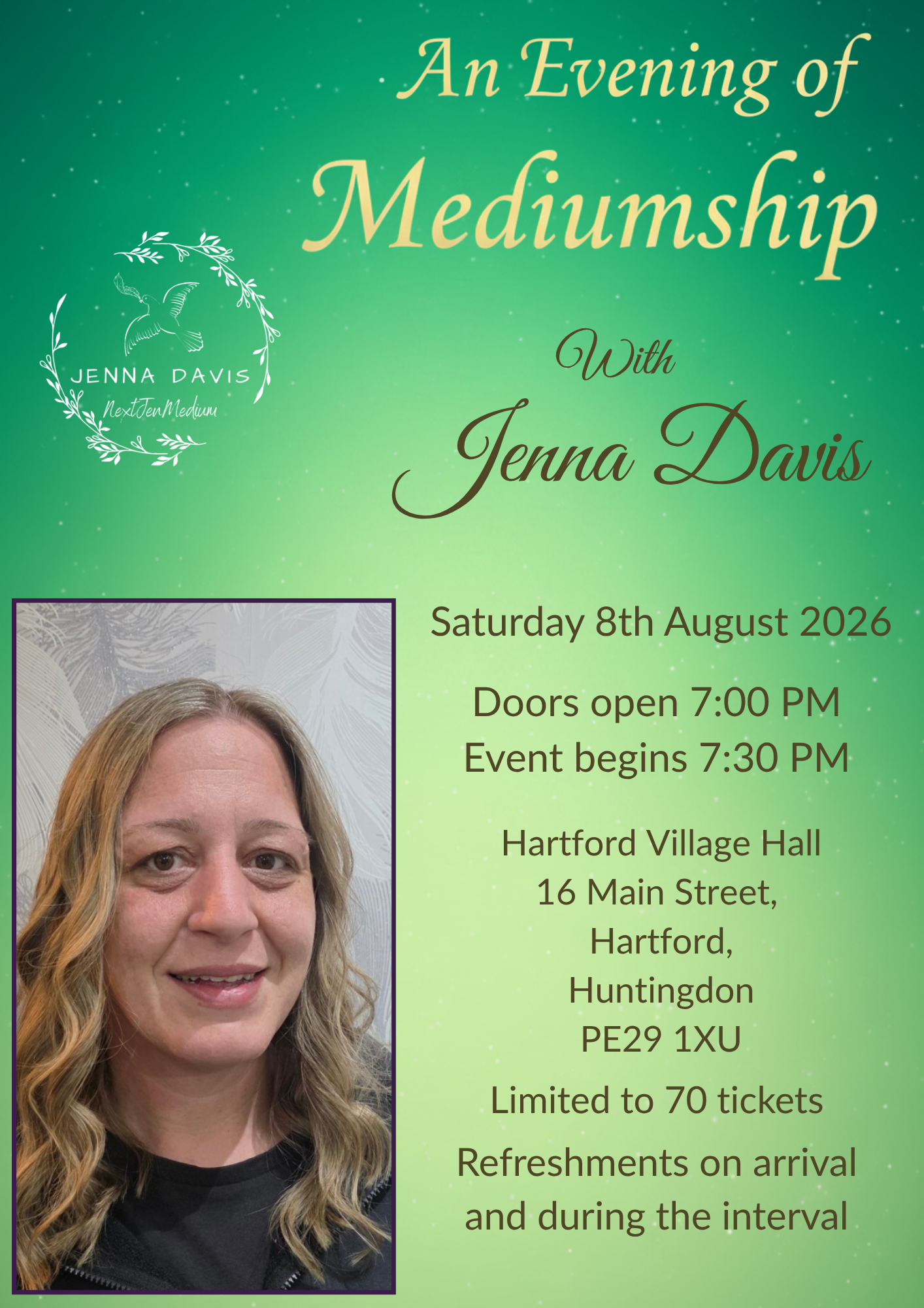 Mediumship Evening - Saturday 8th August 2026 HARTFORD, HUNTINGDON, CAMBRIDGESHIRE